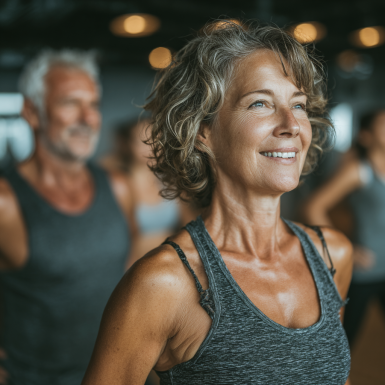 Пожила жінка займається йогою